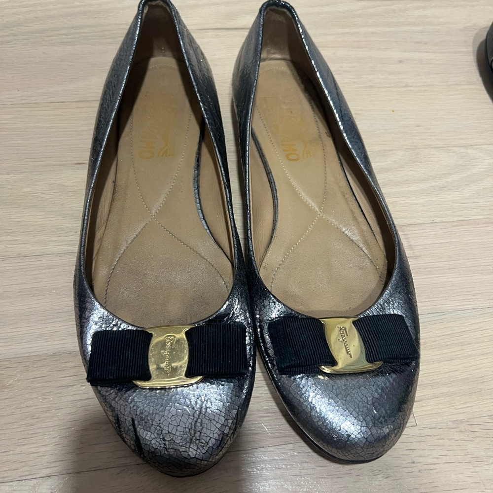 Salvatore Ferragamo Black and Silver Women's Flats
